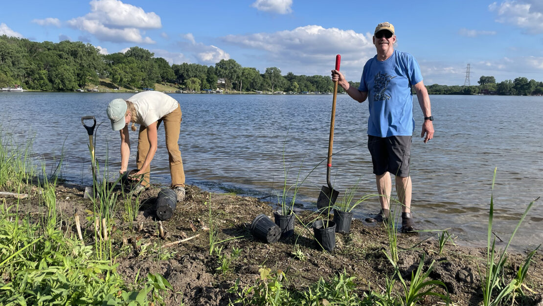 Two people standing along the shoreline of Lake Owasso planting native plants
