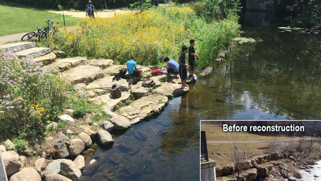 Riparian restoration scene with people fishing by a clear river, surrounded by blooming wildflowers. Inset photo shows rocky riverbank pre-reconstruction.
