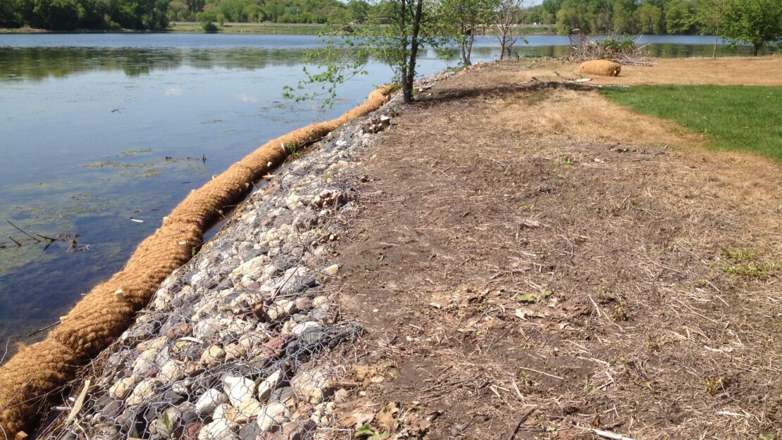 Shoreline erosion control scene with a rocky bank by a calm lake. Sparse grass and young trees are in the foreground under a clear sky.